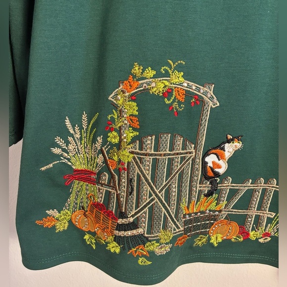 Alfred Dunner Top Garden Gate Cats Pumpkins Halloween Fall Petite Medium - Picture 3 of 10